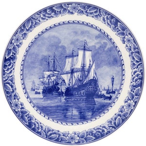 Royal Delft blue handmade Blueware plate with ships after Willem van de Velde Porceleyne Fles, with gift packaging image 5