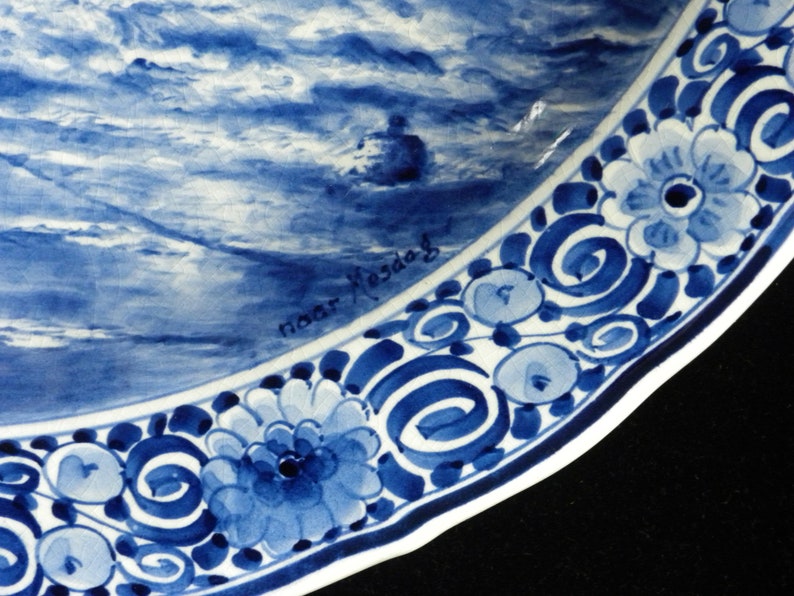 Royal Delft blue 1951 VERY LARGE handpainted plate razer, charger seascape with incoming ships, after H.W. Mesdag Porceleyne Fles image 4