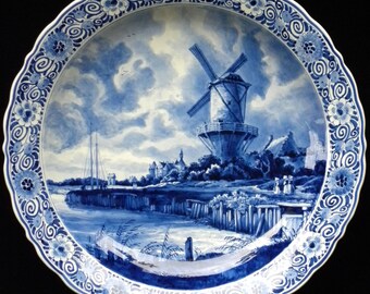 Royal Delft blue (1960) VERY LARGE handpainted plate (razer, charger) "Windmill at Wijk bij Duurstede" after J. Ruisdael (Porceleyne Fles)