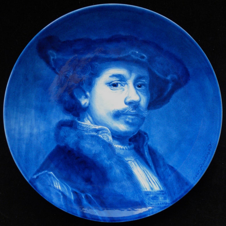 Royal Delft blue 1972 LARGE handpainted plate with Rembrandt van Rijn self-portrait Porceleyne Fles image 2