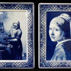Royal Delft blue TWO handmade Blueware plates after Vermeer (Porceleyne Fles, with gift boxes)
