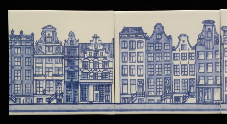 Royal Delfts blauw VIER Amsterdamse grachtenhuisjes handgemaakte tegels Porceleyne Fles, met geschenkverpakking image 2