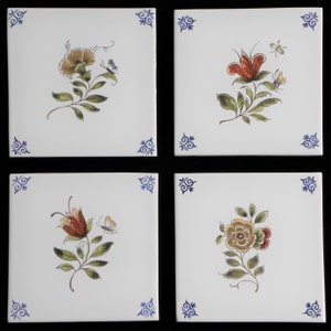 Royal Delft polychrome FOUR handmade flower tiles with frame Porceleyne Fles, with gift box image 6