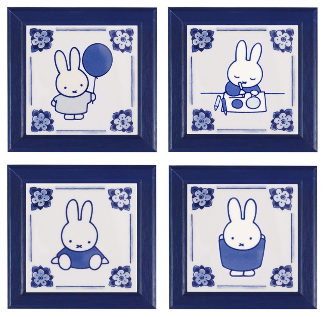 Royal Delft Blue FOUR Handmade Framed Miffy Tiles porceleyne Fles, With