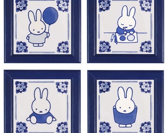 Royal Delft blue FOUR handmade framed Miffy tiles (Porceleyne Fles, with gift box) デルフトブルーミッフィー