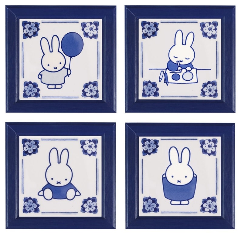 Royal Delft blue FOUR handmade framed Miffy tiles Porceleyne Fles, with gift box デルフトブルーミッフィー image 1