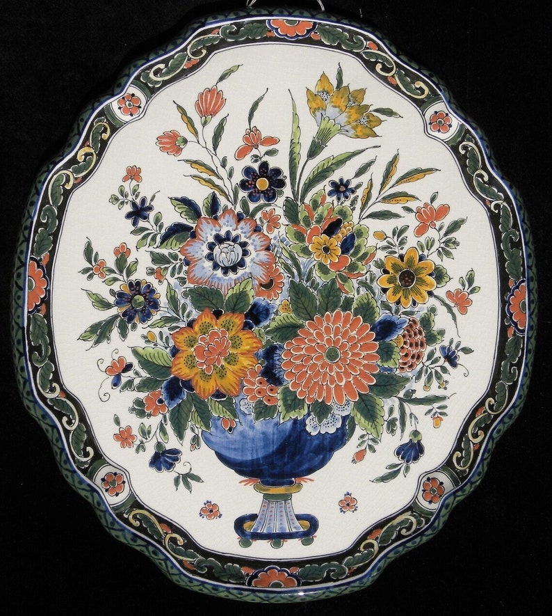 Royal Delft polychrome 1975 LARGE handpainted plaque with flower bouquet Porceleyne Fles image 1