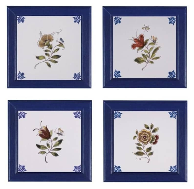 Royal Delft polychrome FOUR handmade flower tiles with frame Porceleyne Fles, with gift box image 1