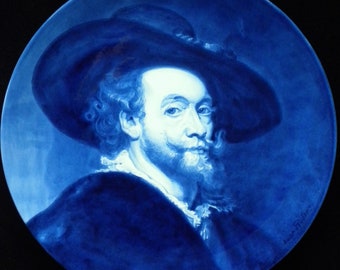 Royal Delft blue (1972) LARGE handpainted plate with Peter-Paul Rubens self-portrait (Porceleyne Fles)