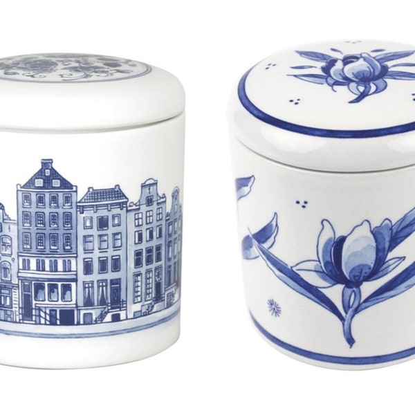 Koninklijk Delfts blauw TWEE handgemaakte koektrommels Tulpen & Amsterdamse Grachtenhuisjes (Porceleyne Fles, met geschenkverpakkingen)