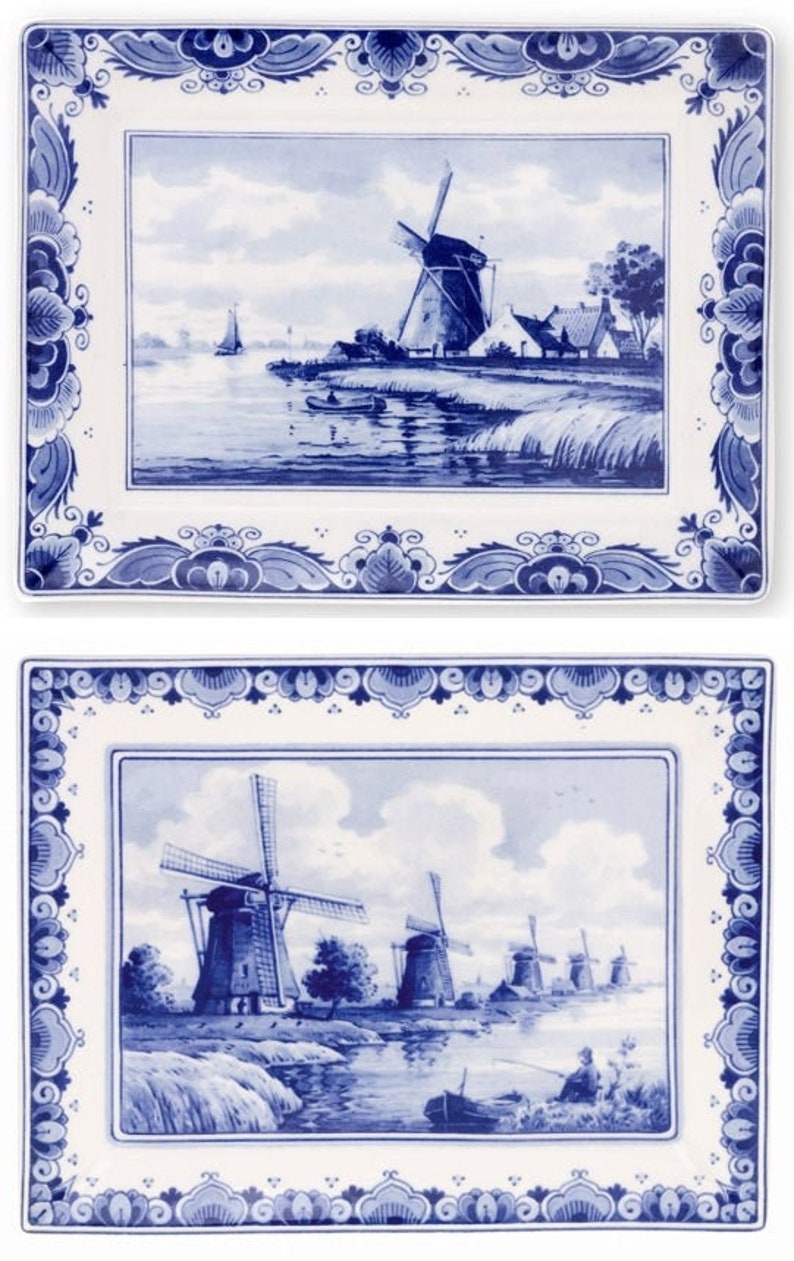 Koninklijk Delfts blauwe handgemaakte TWEE borden met Windmolens Porceleyne Fles, met geschenkdoos image 2