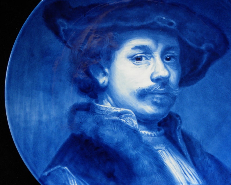 Royal Delft blue 1972 LARGE handpainted plate with Rembrandt van Rijn self-portrait Porceleyne Fles image 3