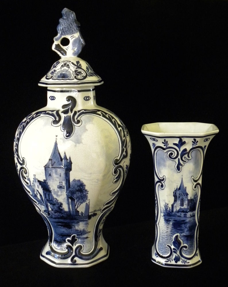 Royal Delft rare antique 1908 VERY LARGE handpainted two-piece kaststel: covered pul & beaker vase w. romantic scene Porceleyne Fles image 1