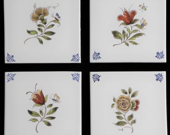 Royal Delft polychrome FOUR handmade flower tiles (Porceleyne Fles, with gift box)