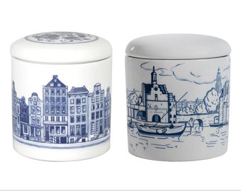 Royal Delft blue TWO handmade cookie jars Amsterdam Canal houses & Vermeer View of Delft (Porceleyne Fles, with gift boxes)