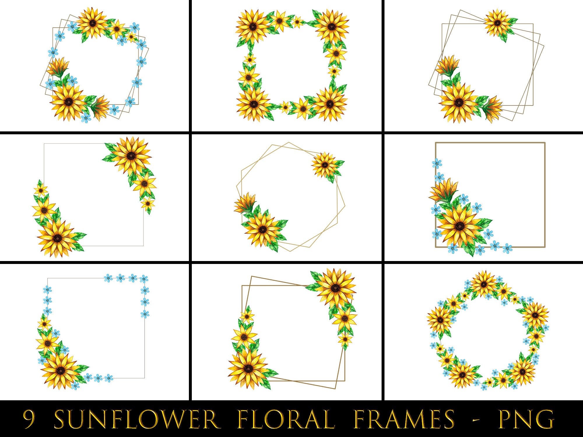 Geometric Sunflower Floral Frames Watercolor Flowers Modern | Etsy