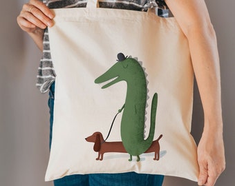 Crocodile and sausage dog tote bag - reusable cotton bag - shopping bag - animal gifts