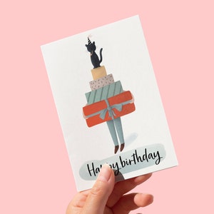 Happy birthday card, Cat and presents illustrated birthday card, blank inside,  FREE UK SHIPPING