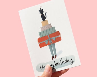 Cat Birthday Card: Illustrated Presents, Blank Inside