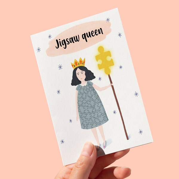 Jigsaw queen illustrated greeting card, blank inside for any occasion, FREE UK SHIPPING