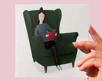 Reading Illustrated Greeting Card: Book Lover Art