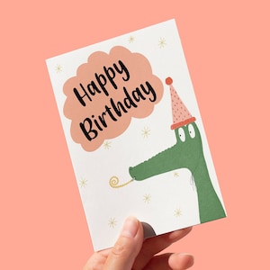 Birthday card, alligator (Frank) with birthday hat illustrated birthday card, FREE UK SHIPPING