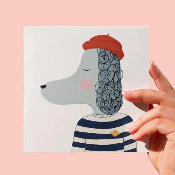 Poodle illustrated greeting card, dog art card, blank inside for any occasion, FREE UK SHIPPING