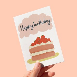 Strawberry cake birthday card, illustrated greeting card, blank inside, FREE UK SHIPPING