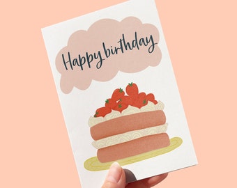 Carte d'anniversaire gâteau aux fraises, carte de voeux illustrée, intérieur vierge, livraison gratuite au Royaume-Uni