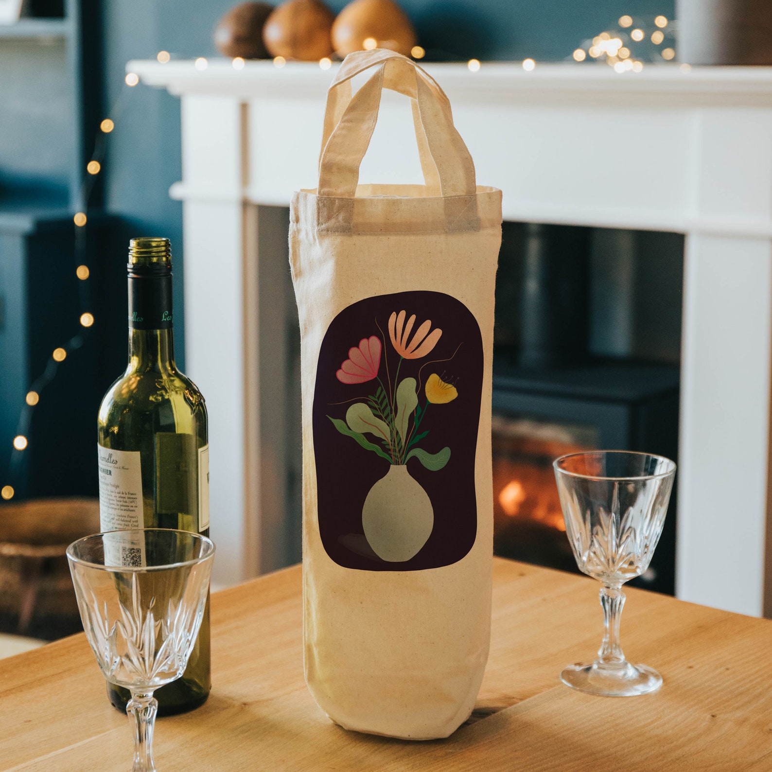 Flowers Bottle Bag Wine Tote Gift Bag Illustrated Gifts Etsy