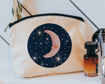 Pink moon cosmetic bag - moon gifts - makeup bag - gift for her - cotton zip pouch - whimsical gift