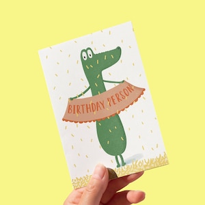 Birthday card, Alligator (Frank) illustrated birthday card, FREE UK SHIPPING