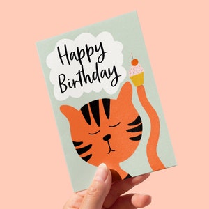 Birthday card, cat with cupcake illustrated birthday card, FREE UK SHIPPING
