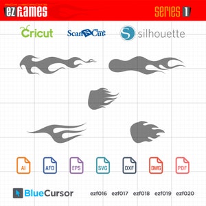 May include: A collection of gray flame designs for crafting projects. Includes logos for Cricut, ScanNCut, and Silhouette, along with file type icons such as SVG, DXF, and PDF. The text "ez frames" and "series 1" are also visible.