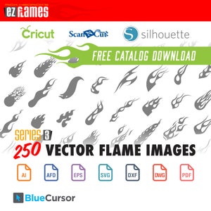 May include: A collection of 250 vector flame images in various gray designs. The image includes the text "FREE CATALOG DOWNLOAD" and file type icons for AI, AFD, EPS, SVG, DXF, DWG, and PDF formats. The image also features the text "series 3".
