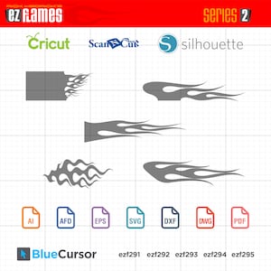 Può includere: Un design grafico con vari disegni di fiamme grigie, insieme ai loghi di Cricut, ScanNCut e Silhouette. Le icone dei tipi di file includono AI, AFD, EPS, SVG, DXF, DWG e PDF. È presente anche il testo "ez frames" e "series 2".