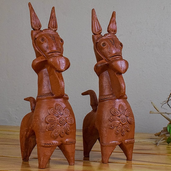 UNU ORIGIN 100% Handmade Terracotta Statue Table Top Sculpture Horse Figurine Antique Décor Gift Decoration for Living Room(pair of 2)