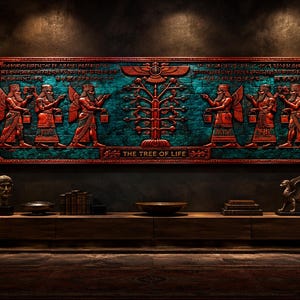 Puede incluir: Una gran obra de arte mural rectangular con una combinación de colores turquesa y rojo. La obra presenta figuras aladas y un diseño de árbol, con el texto "THE TREE OF LIFE" en la parte inferior. Se encuentra montada sobre una consola de madera.