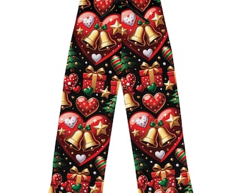 Pantalones de pijama para mujer con estampado navideño de corazones. Estampado festivo.