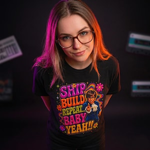 Ship Build Repeat Baby Yeah Vibe CoderTee, Funny Web Developer Shirt, Indie Hacker Gift, Psychedelic Coding Shirt