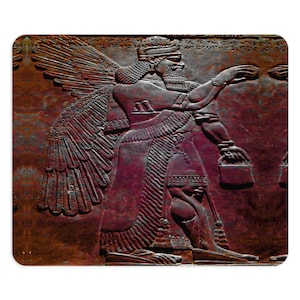 May include: A detailed relief carving of a winged figure in a long robe, holding objects in both hands. The figure has a beard and a crown. The artwork is in shades of brown and red, with intricate details.