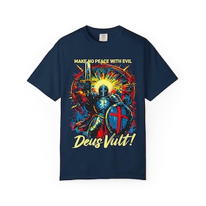 Deus Vult Knight Crusader T-Shirt, Make No Peace With Evil, Medieval Shield
