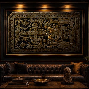 May include: A luxurious living room featuring a large, framed, gold and black relief artwork above a tufted leather sofa. The room is decorated with dark wood paneling, sculptures, and a coffee table with a decorative bowl.