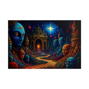 May include: A vibrant, surreal digital art print featuring a mystical landscape. The artwork showcases a path leading to a glowing archway, surrounded by colorful, stylized faces and structures in shades of blue, orange, and red.