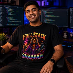 Full Stack Shaman-t-shirt, programmerare-gåva, utvecklare-kodning-t-shirt, mjukvaruingenjör-gåva, indie-hacker-t-shirt, vibe-kodning