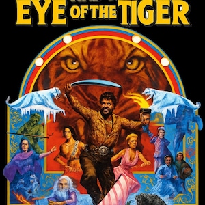 Peut inclure: Affiche du film "Sinbad et l'Œil du Tigre" avec un visage de tigre en arrière-plan. Sinbad est au centre, tenant une épée. D'autres personnages et créatures l'entourent, avec le titre en jaune.