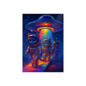 Surreal Astronaut Katzen Kunstdruck, Weltraum Katzen Poster, UFO Kitty Druck, Kosmische Katzen Kunst, Galaxy Kätzchen Illustration