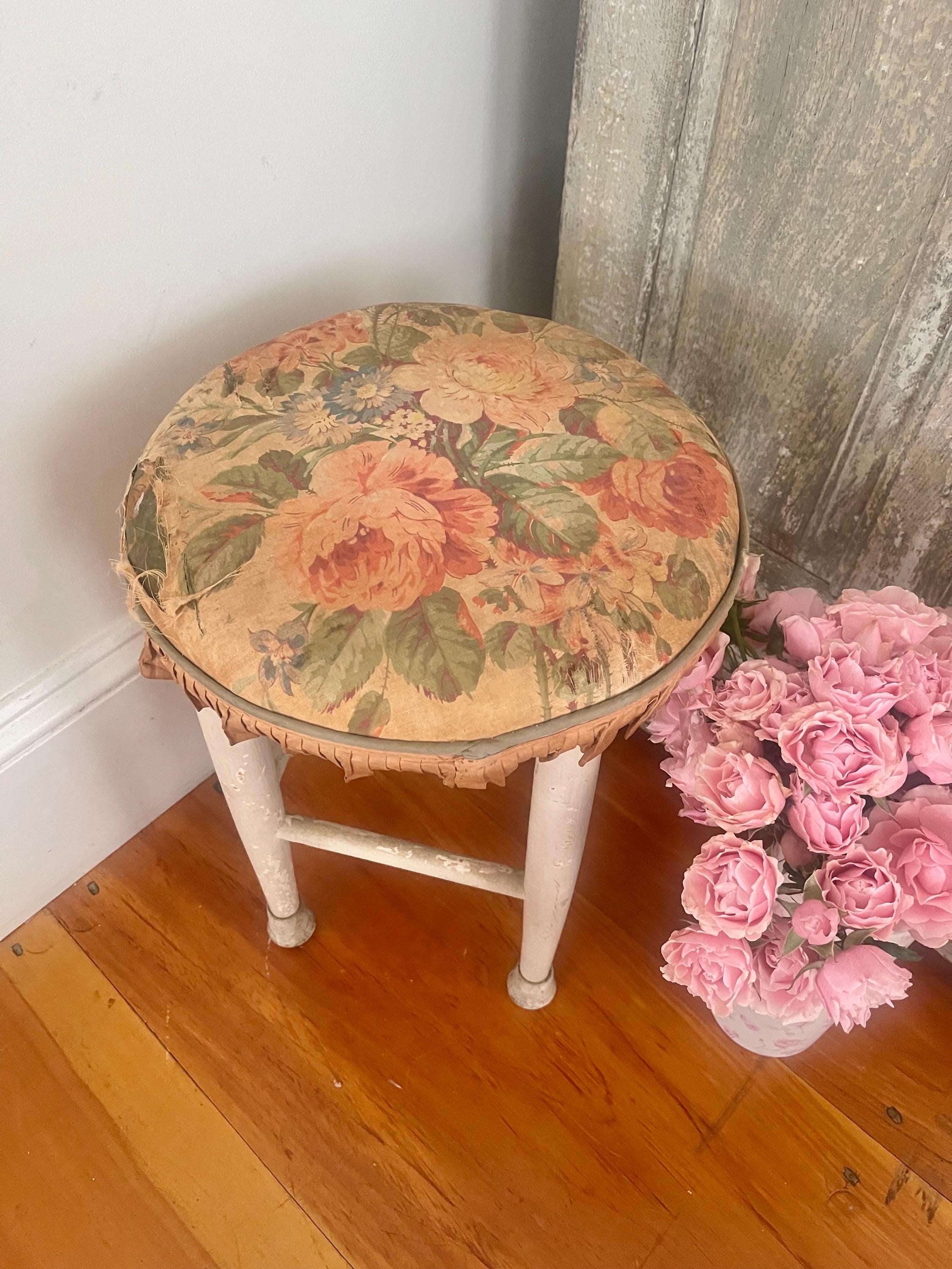 The sweetest one of a kind old shabby cottage stool with fabric seat tattered treasure chippy patina