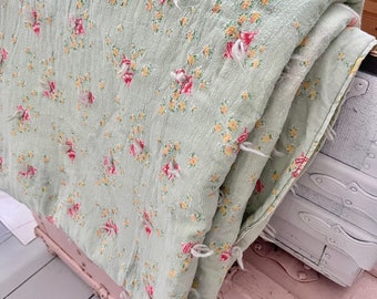 1940s Shabby chic whole cloth cotton hand tied cottage core quilt blanket shabby chic! Cottage green with pink roses