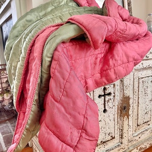 Gorgeous 1930's collectible satin quilt with pure wool batting stunning pink and cottage green old shabby French  farmhouse